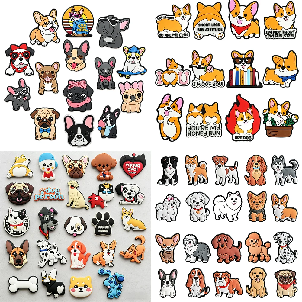 12-70PCS Cute Dog Corgi French Bulldog Husky Shoe Charm Mix Wholesale PVC Decor wristband Buckle Detachable Waterproof Xmas Gift
