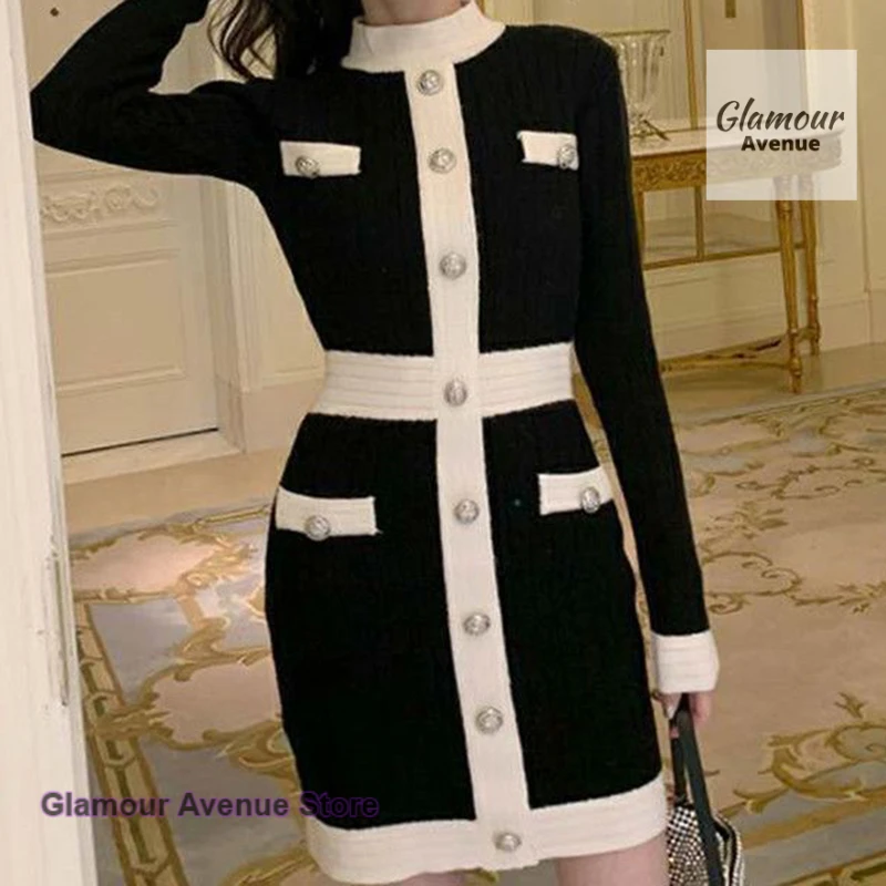 

French retro knit dress women's autumn and winter new waist round neck slim temperament socialite long-sleeved hip skirt