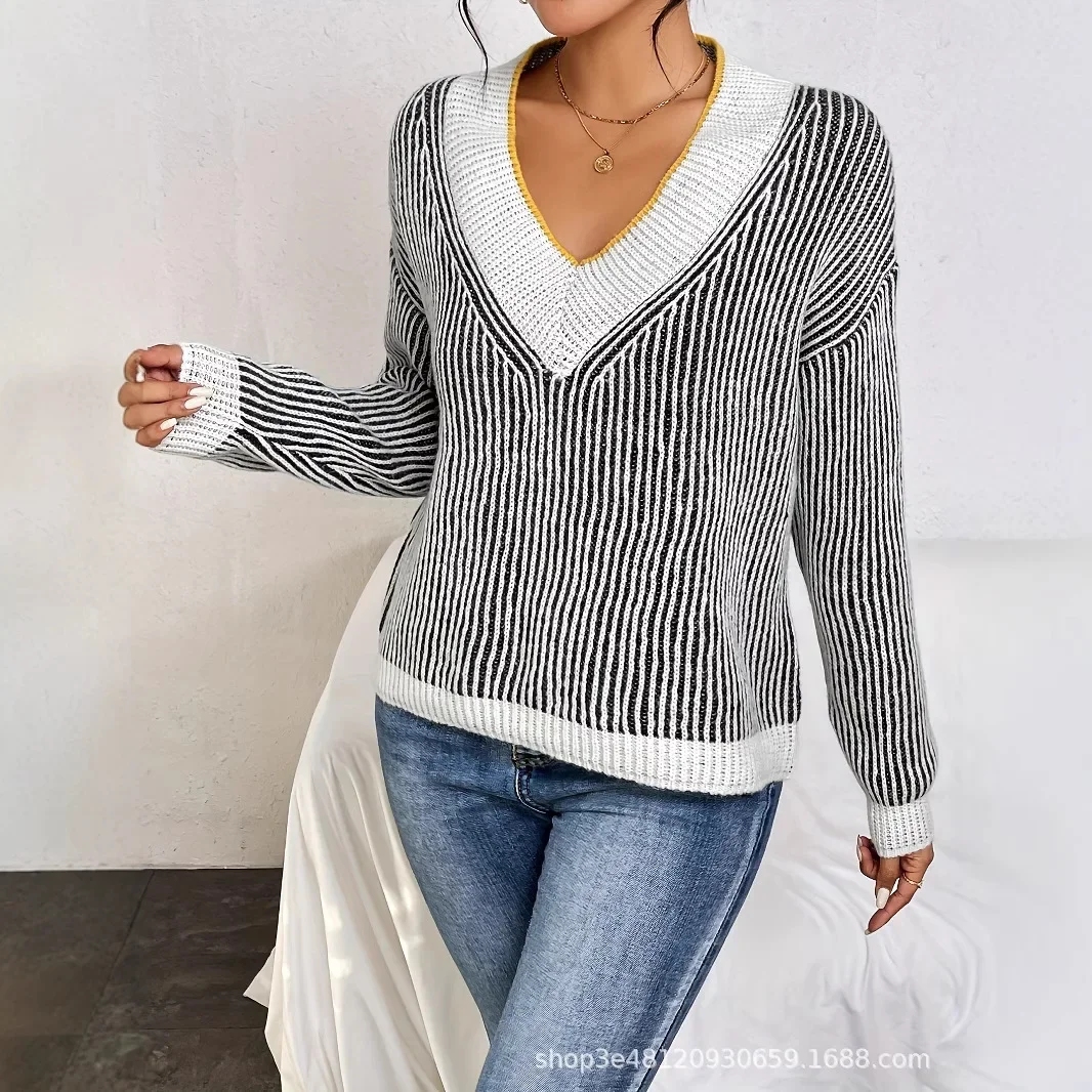 سترات نسائية مخططة متماسكة بأكمام طويلة ورقبة على شكل حرف V بلوفرات فضفاضة مرقعة متينة ملابس خروج أنيقة غير رسمية للسيدات