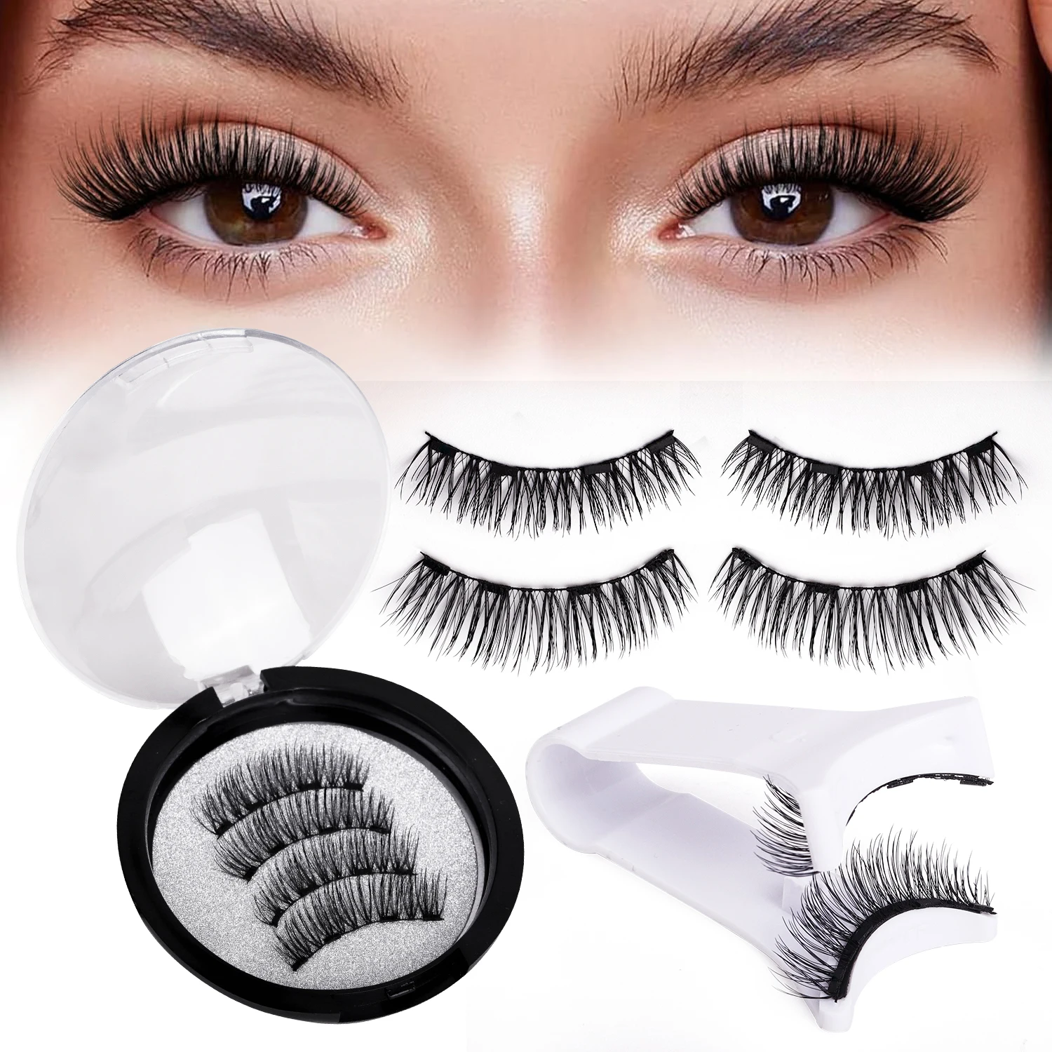 Kit de cils magnétiques sans colle Lazy Girl, cils naturels bouclés réutilisables avec pince magnétique, maquillage rapide pour les voyages