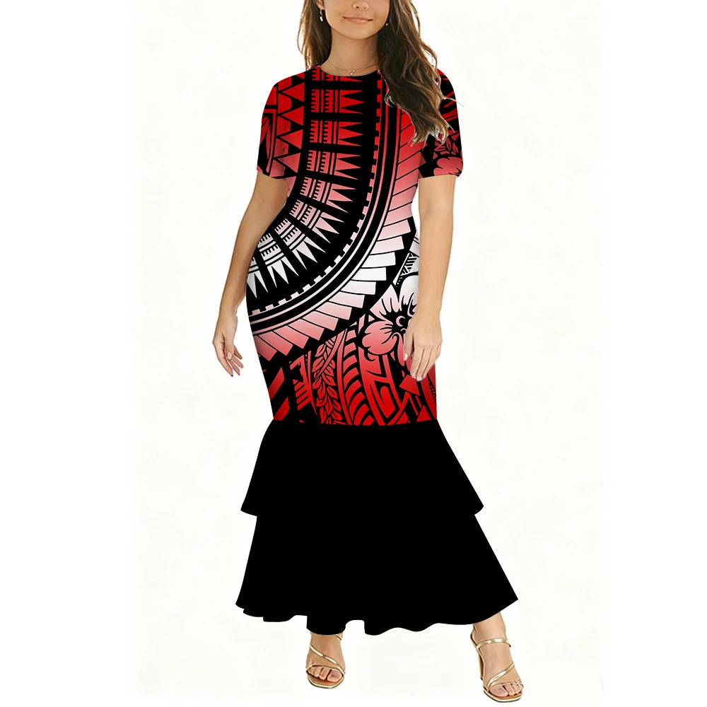 

Slimming And Elegant Lady'S Fishtail Dress Custom-Made Polynesian Round-Neck Short-Sleeved Floral Design Evening Dress