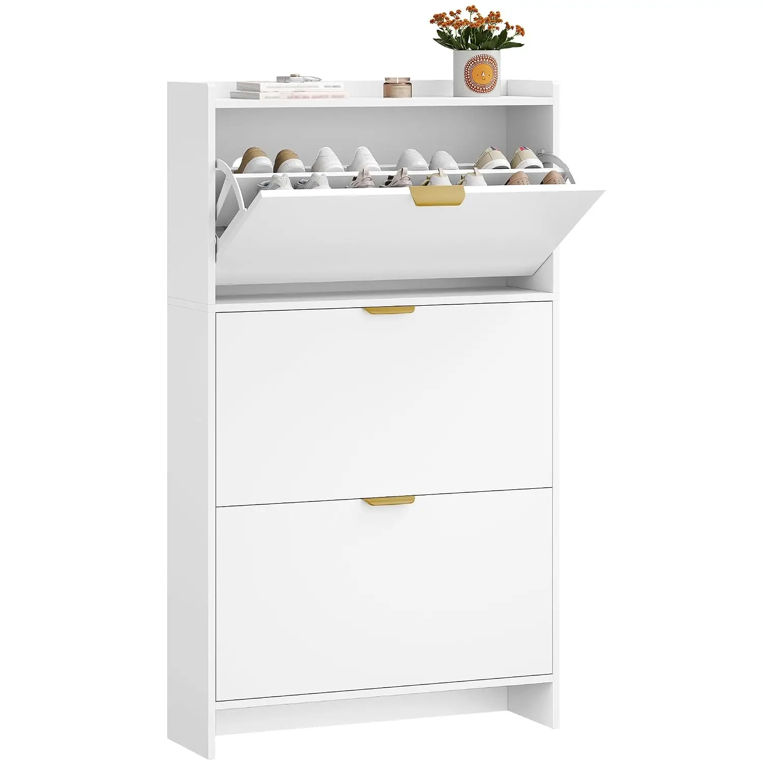 Narrow Shoe Cabinet 3 Flip Drawers Adjustable Shelves 18-24 Pairs Storage Gold Handles Entryway White, Customized