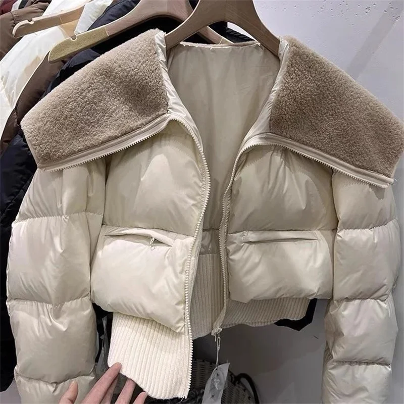 

Women 2025 Autumn Winter Lamb Wool Splice Down Cotton Coat Short Big Lapel Cotton Jacket Parka Fashion Cotton Outerwear Top