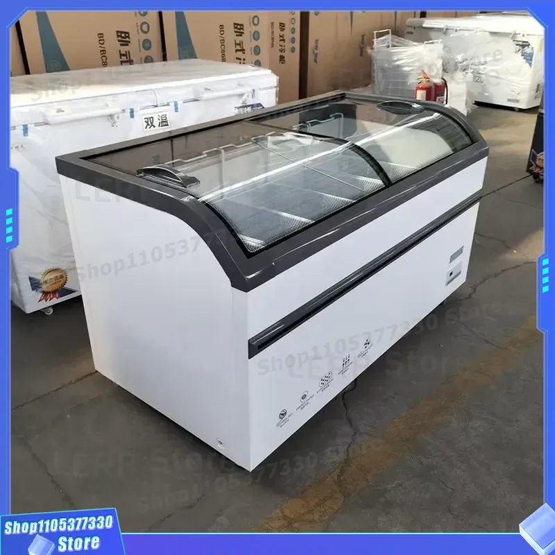 Commercial Curved Glass Door Ice Cream Freezer Sliding Chest Display Unit Deep Freezing Storage for Supermarket Shop Retail