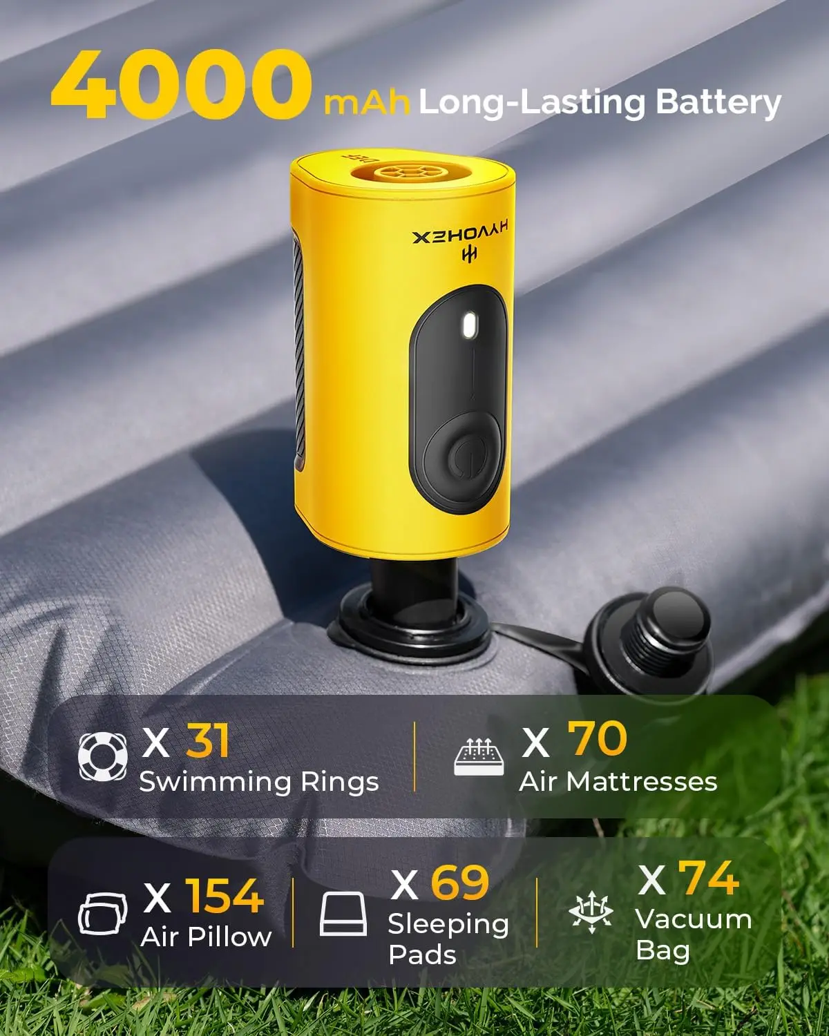 مضخة هواء كهربائية محمولة بقدرة 4000 مللي أمبير في الساعة للمطاطية، 3 فوهات مضخة نفخ/تفريغ سريعة لوسادات النوم، عوامات حمام السباحة، التخزين #4