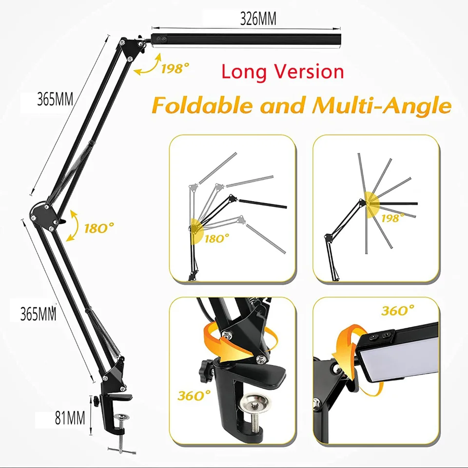 10W LED Desk Lamp with Clamp Adjustable Swing Arm Dimmable Table Light 3 Color Modes 10 Brightness Levels Eye-Caring USB Reading, image 5