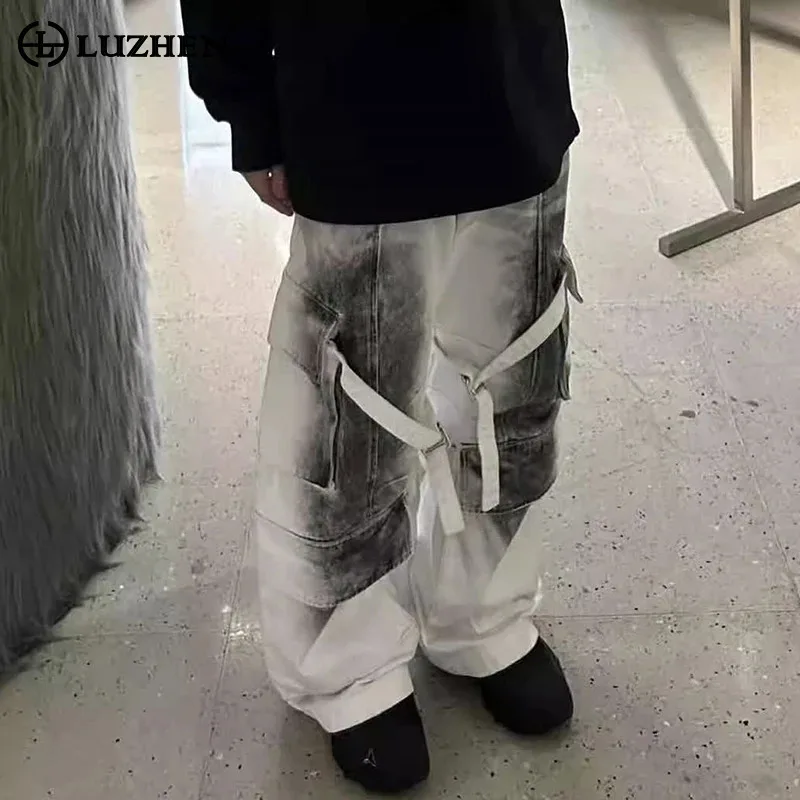 LUZHEN Personalized Wornout Tie-dyed Ribbon Decorate Wide Leg Trousers Men's 2025 Multi Pockets Design Cargo Casual Pants JY2823