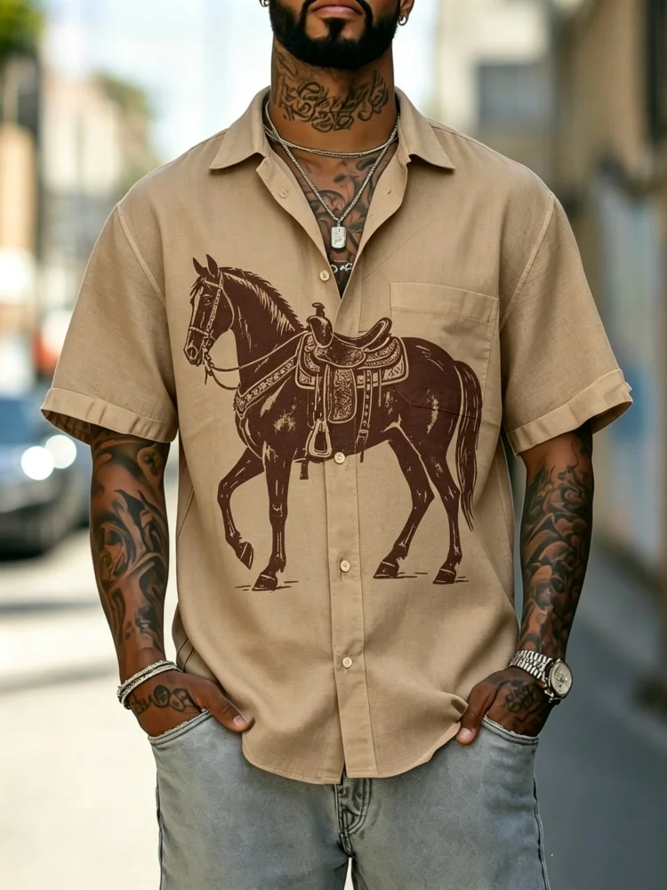 

Men's Western Horse Print Short Sleeve Shirt With Chest Pocket, Loose Comfort Casual Button-Down Summer Top