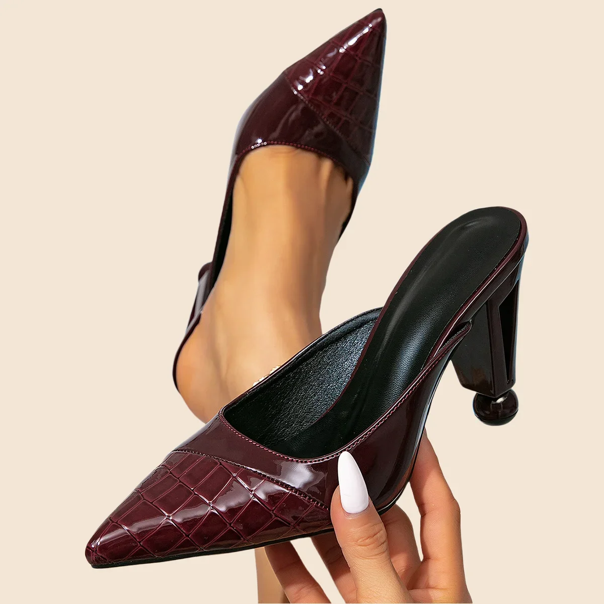 Women's Burgundy High-Heeled Sexy Summer Sandals with Pointed Toe Height Increasing Evening Shoes by Muller PU