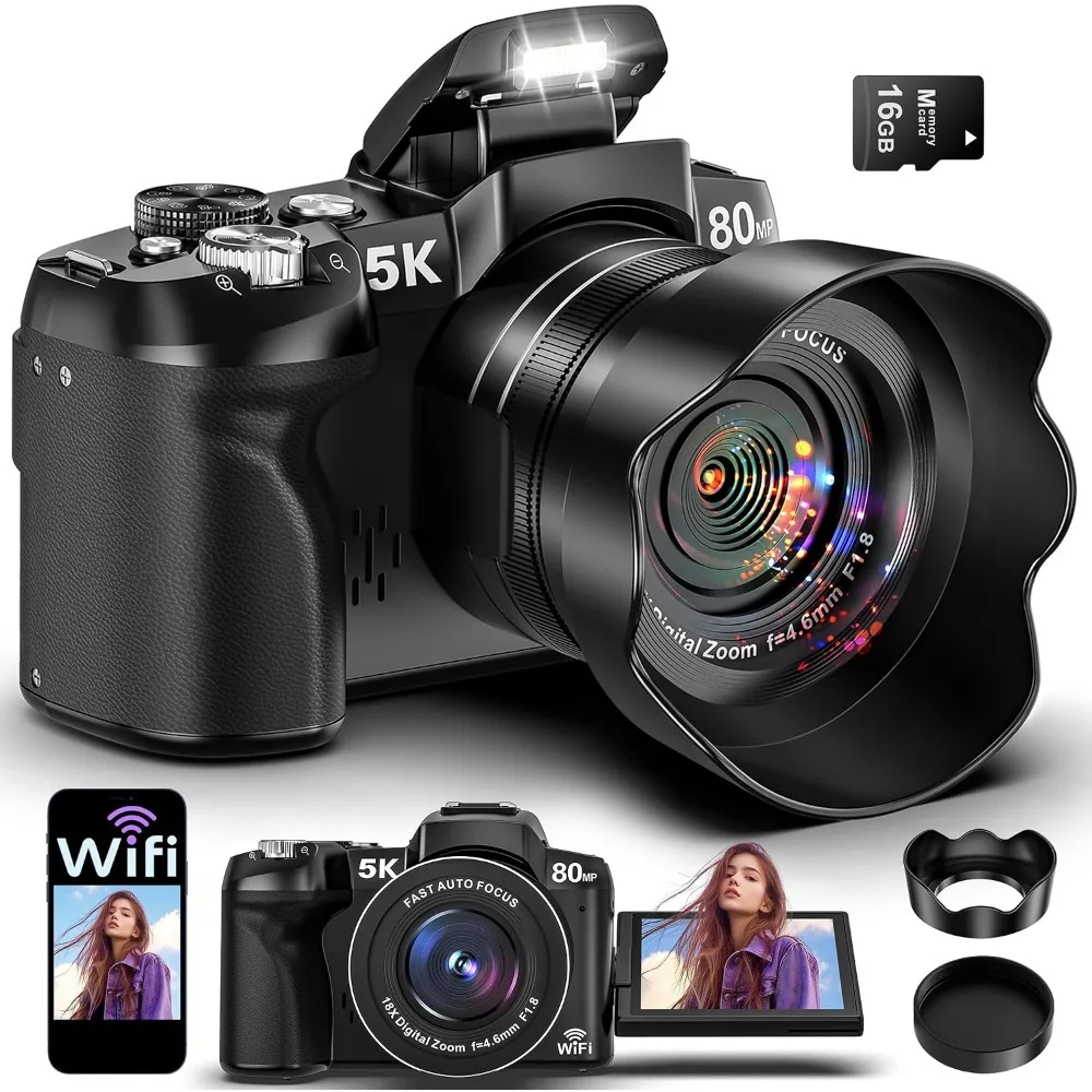 80MP WiFi Vlogging Camera with 3" Flip Screen and 18X Zoom for Photography and Travel