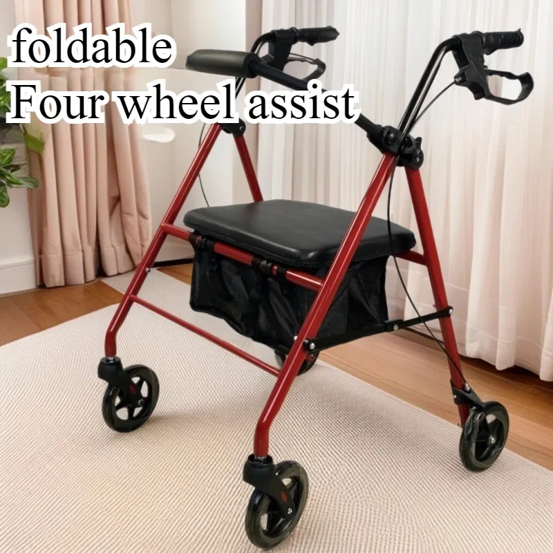 عربة تسوق منزلية لكبار السن مع عجلات مع مشاية للجلوس وقابلة للطي بأربع عجلات