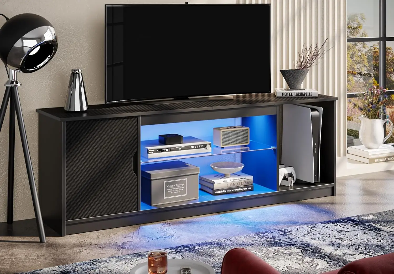 Bestier Led Entertainment Center for PS5, Gaming TV Stand with Cabinet for 60/65 Inch TV, Modern TV Console with Adjustable Glas