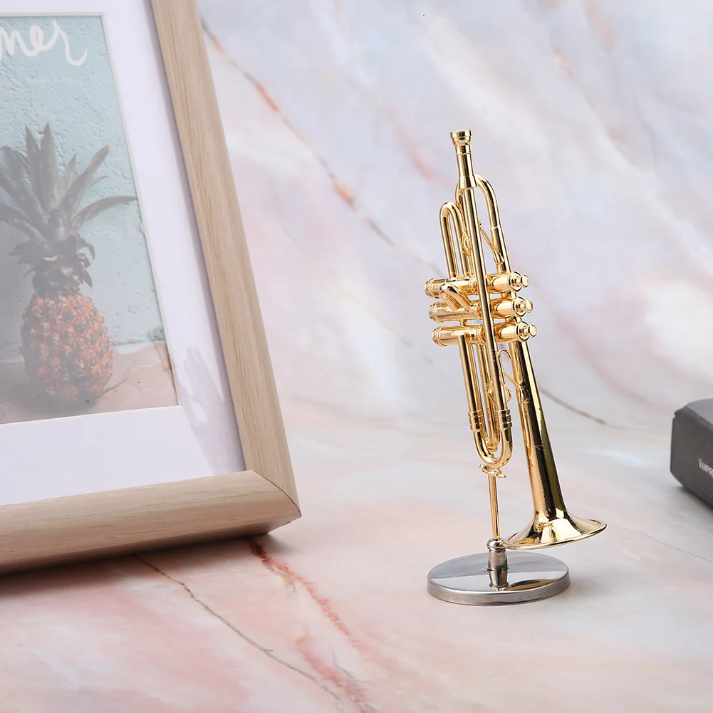 Miniature Trombone Trumpet Replica With Stand And Case Gold Plated Mini Instrument Model Musical Ornaments