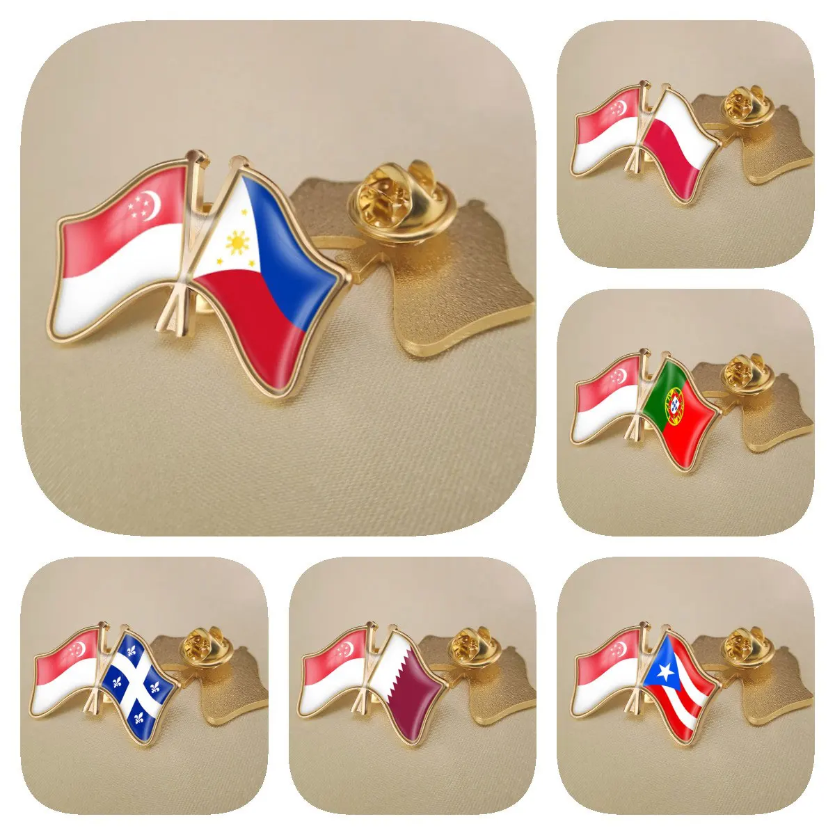 Singapore and Philippines Poland Portugal Puerto Rico Qatar Quebec Double Crossed Friendship Flags Brooches Lapel Pins Badges