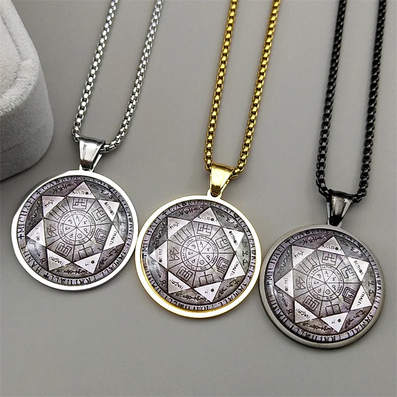 

Seven Archangels Glass Medal Angel Pendant Necklace for Women Men Stainless Steel Seal of Solomon Amulet Chain Jewelry Gift