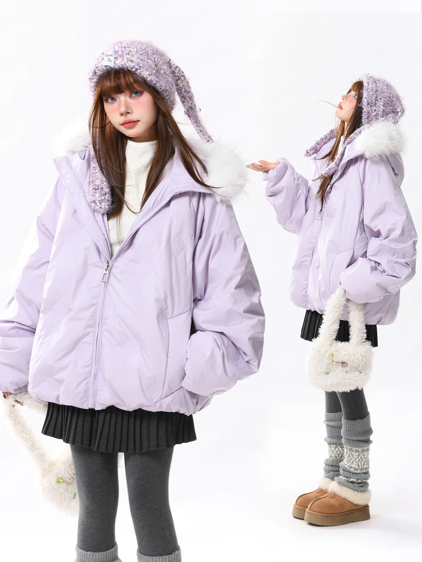 

AONW Winter New 90 down Purple Taro Hooded Jaet Women's Trendy Brand Emed Texture Warmth Fur Collar Outerwear