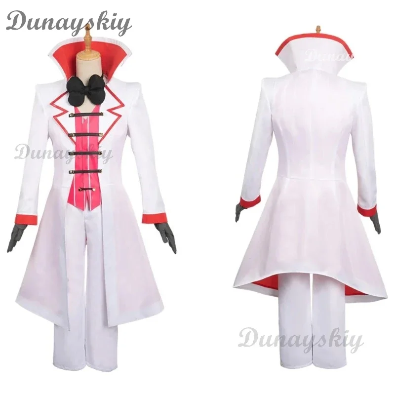 Hazbin Lucifer Cosplay Anime Hotel Morningstar Cosplay disfraz peluca papá traje blanco diablo infierno fiesta de Halloween disfraz de hombres adultos