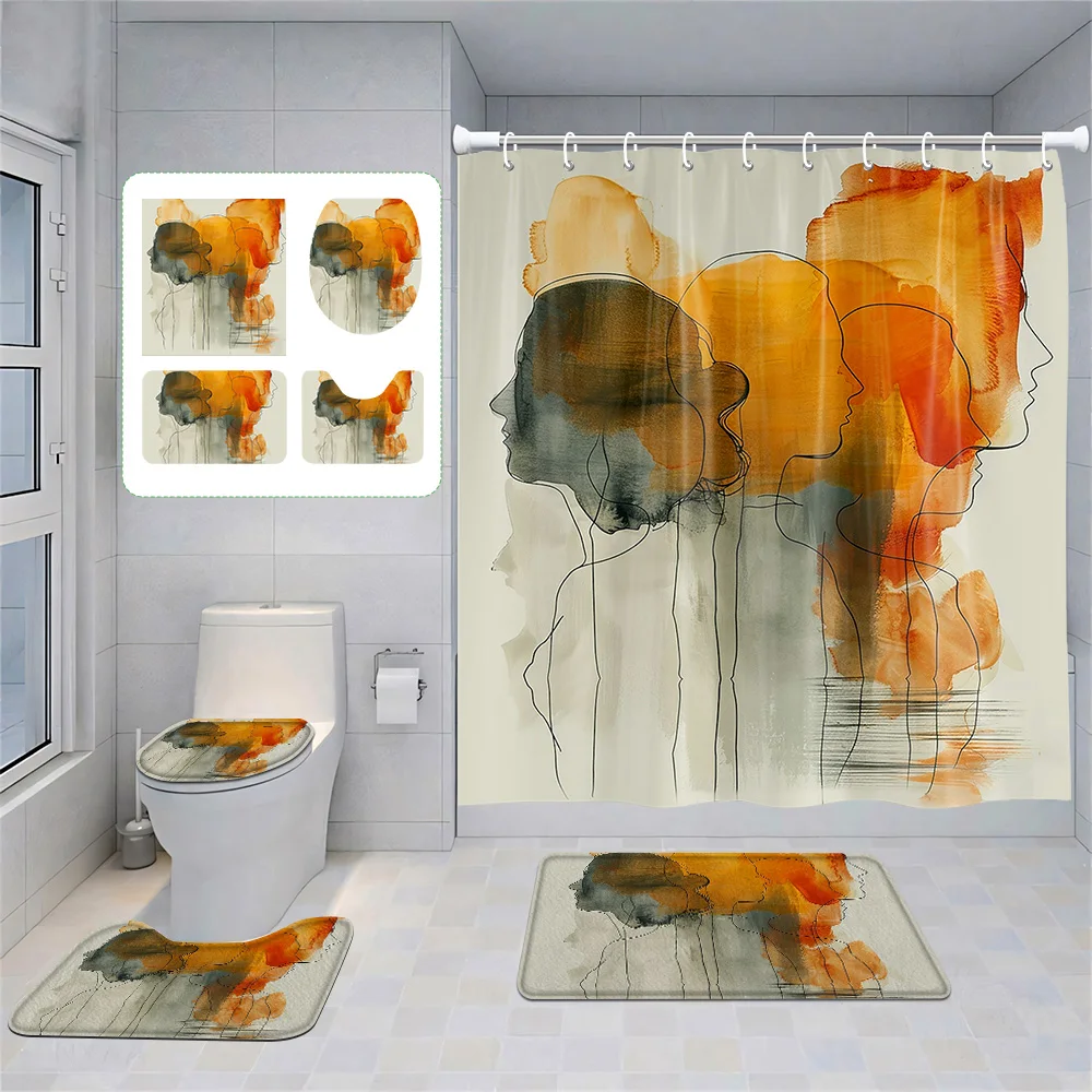 

Набор из четырех предметов Morandi, декоративный костюм для ванной комнаты, абстрактное искусство, занавеска для душа, нескользящий напольный коврик, коврик для унитаза, украшение дома