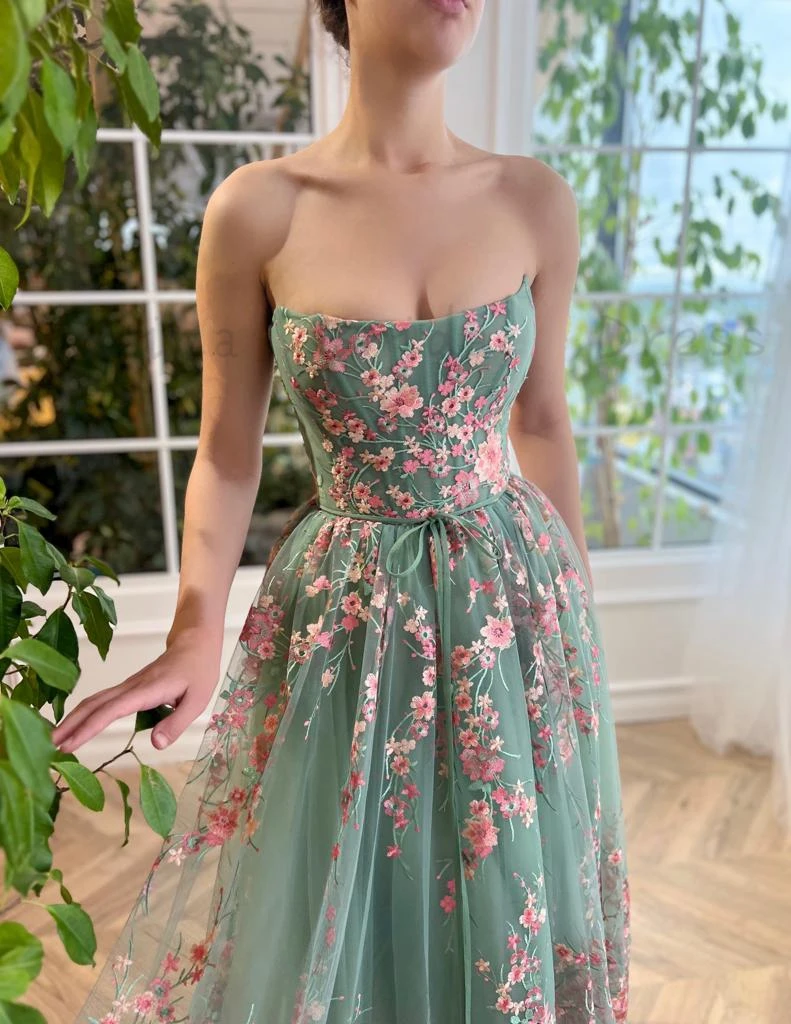 Robe de Rhen tulle vert sauge pour adolescentes, broderies de dentelle rose, longueur thé, robe de fête d'anniversaire, ligne A