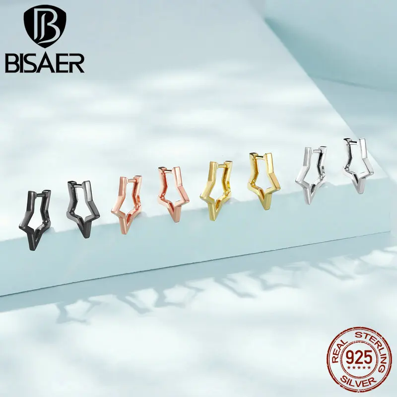 BISAER 925 Sterling Silver Star Hoop Earrings Small Triangle Stud Earring Hypoallergenic For Exquisite Woman Party Fine Jewelry