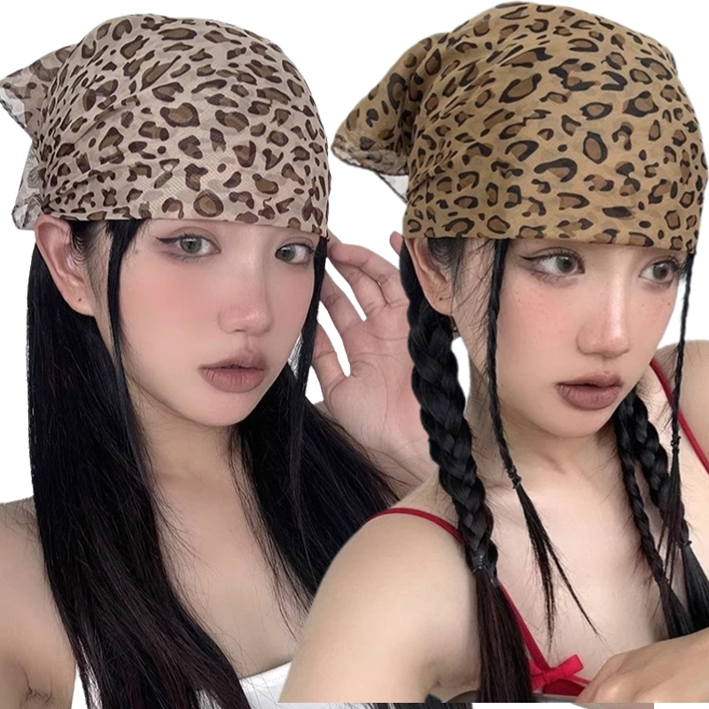 1/2 pçs retro leopardo impressão lenço quadrado para mulheres cetim borda fina lenços cabeça banda moda y2k senhora cabelo xale envoltório lenço