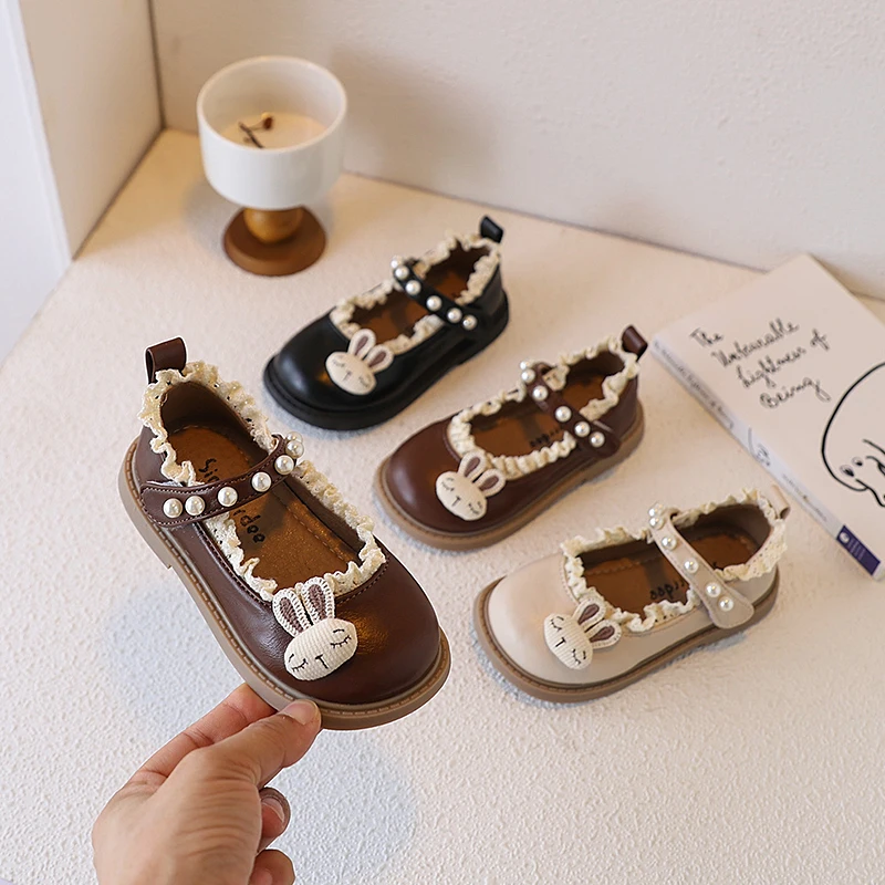 

Осенние туфли принцессы для девочек, милые детские туфли на плоской подошве с круглым носком и крючками, однотонные шикарные детские туфли из искусственной кожи с кроликом и жемчугом