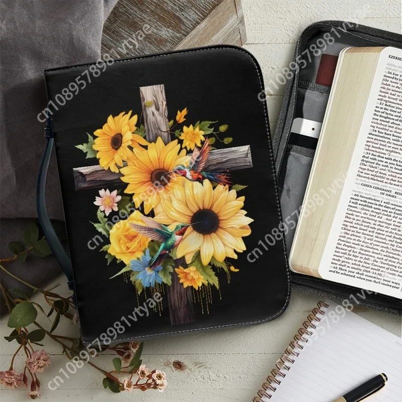 

Sunflower Cross Hummingbird Design Leather Bible Bag for Women Bible Verse Print Ladies Handle Handbag Pretty Bible Cover