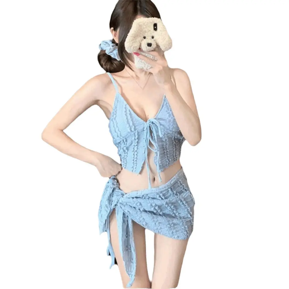 3Pcs Fashion Sexy Womens Swimsuits Sweet with Bra Pads Women's Bikini Sets Tie-front Breathable Swimwear Pool Parties