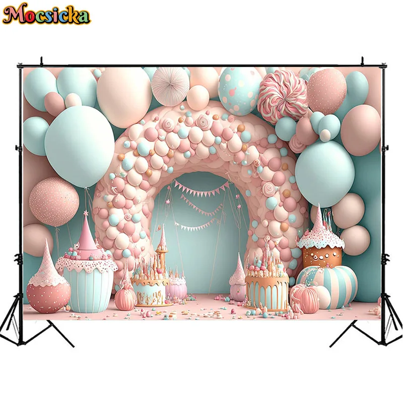 خلفية التصوير الفوتوغرافي الحلوى الوردية بالون كعكة القلعة استحمام الطفل فتاة 1st حفلة عيد ميلاد كعكة سحق خلفية استوديو الصور