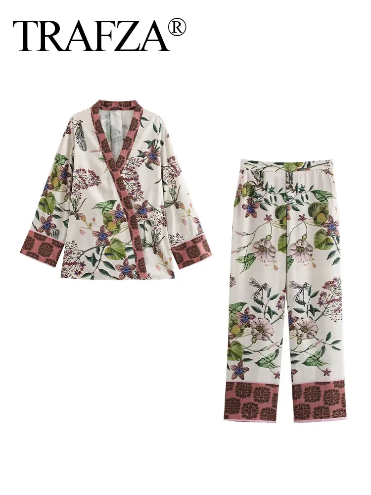 TRAFZA Elegant Women Printed Asymmetric Belt V-Neck Long Sleeve Kimono Blouse Top+Zipper High Waist Casual Long Pant 2 Piece Set