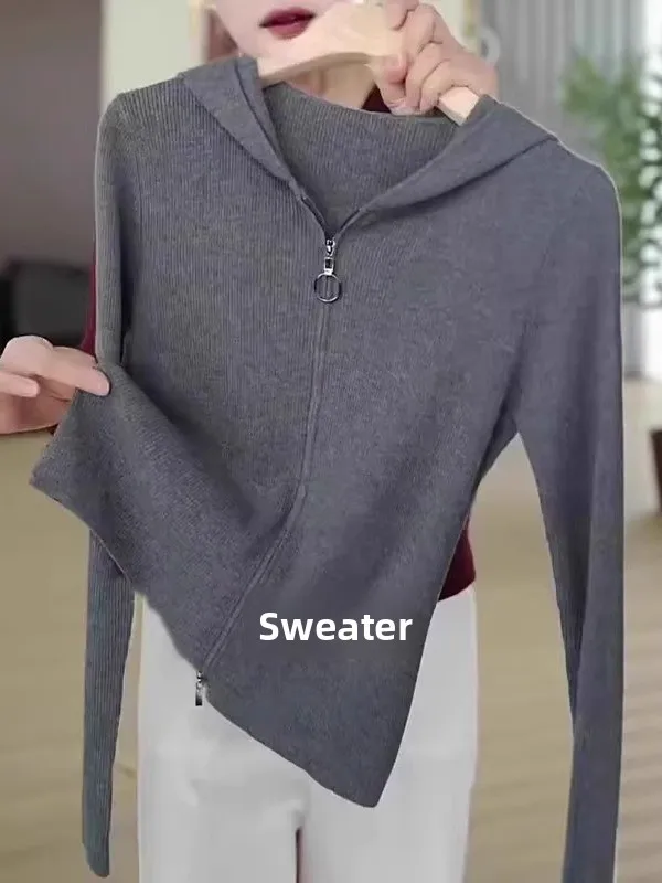 

Корейский вязаный кардиган для женщин больших размеров с длинными рукавами, капюшоном и двойной молнией, цветной, стройнящий, весенне-летний топ