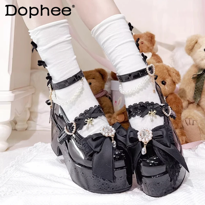 

Original Black Lolita High Heel Pumps Sweet Bows Pearl Chains Ladies Platform Shoes Japanese-style Shallow Pumps Spring 2026