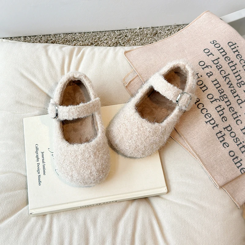 Kids Multi-color Flat Bottomed Cotton Shoes with A Straight Strap Anti Slip Soft Sole Round Toe Winter Casual Warm Cotton Shoes