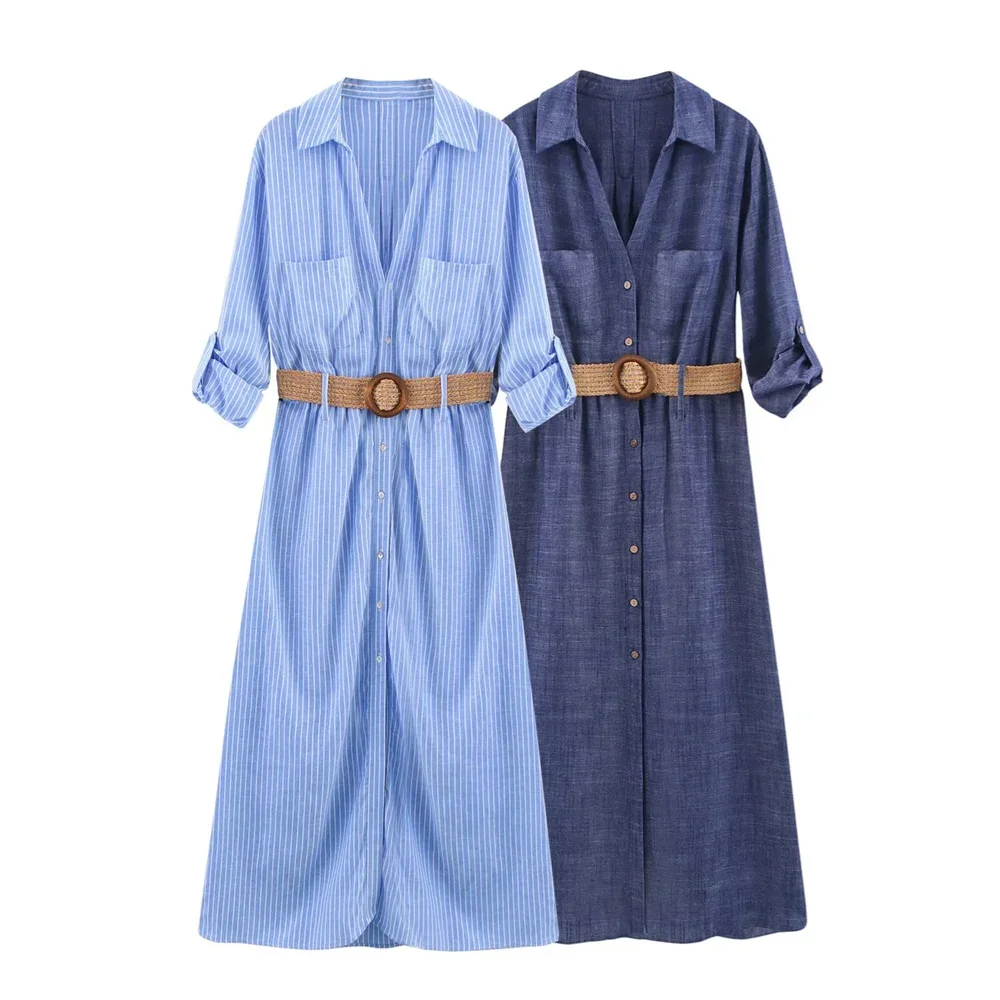 

Pop UNIZERA Women's Waist Belt Midi Dress With Lapel Buckle Decoration For Spring And Summer New Women's Casual Wear