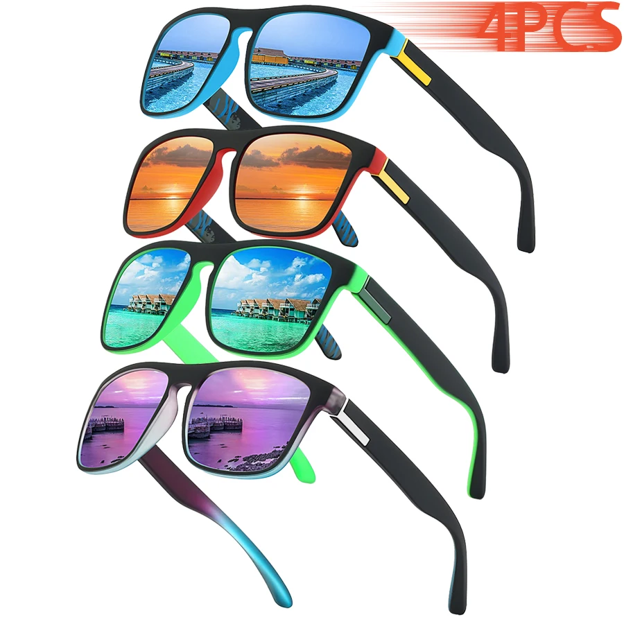 Óculos de Sol Clássicos Vintage Coloridos com Listras, 4 Peças, Design Moderno, Armação Quadrada, Óculos de Sol para Homens e Mulheres, para Dirigir e Pescar