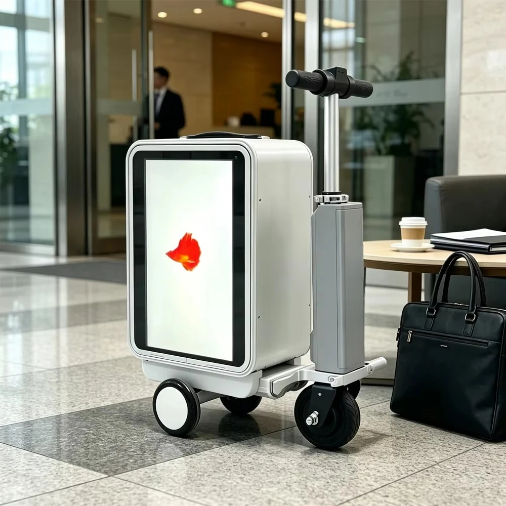 Mini-LCD Advertising Display Rideable Adult Electric Carry Luggage Box with Floor Stand Mount Outdoor Use
