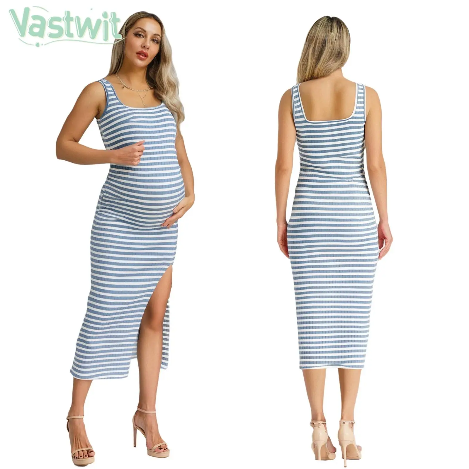 

Pregnant Woman Sleeveless Summer Casual Slit Striped Bodycon Dress for Daily Office Work Baby Shower Photography Party Holiday