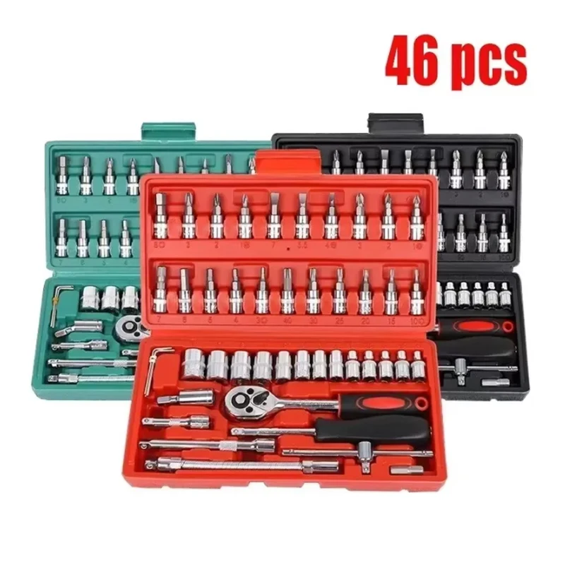 Kit de Ferramentas para Reparação de Carros com 46/53 Peças, Conjunto de Soquetes de 1/4 de Polegada, Chave de Torque e Ferramentas para Reparação Automotiva