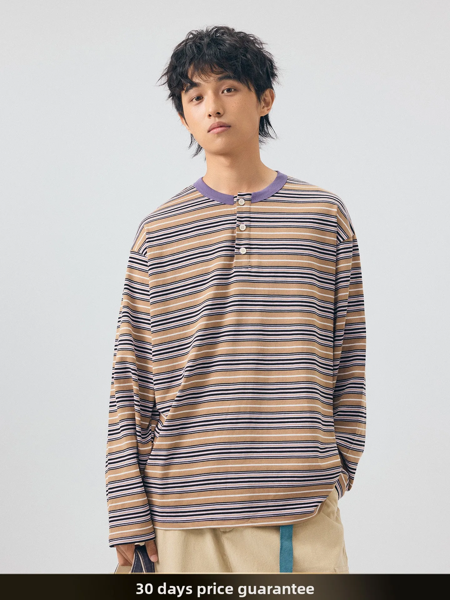 

Ретро-худи с цветными полосками и воротником Хенли, с длинными рукавами, повседневное, для пар, осеннее, 100% хлопок