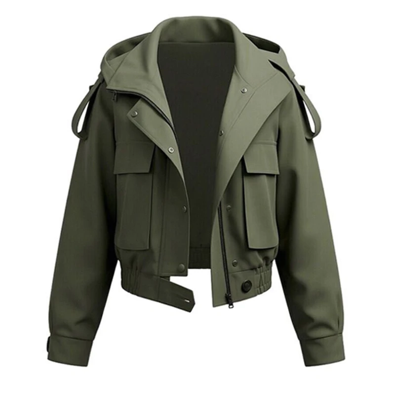 Women Hooded Cargo Jacket Zip‑Up Button Multi Flap Pockets  Loose Military‑Style Short Windbreaker Casual Ladies Outerwear Coat