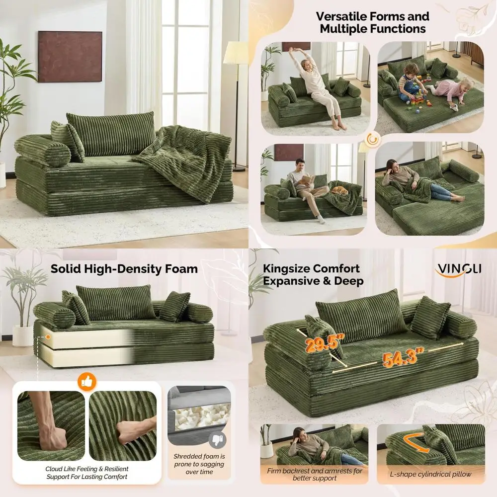 

King Size Corduroy Upholstered Sofa Bed with 2-in-1 Pillow & Blanket, Ideal for Living Room, Bedroom, Lounge, Green