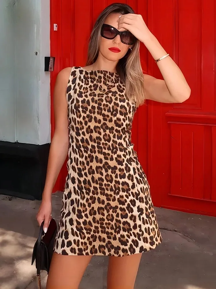 ZABA Women\'s Leopard Print O Neck Sleeveless Vest Dress Fashion Sexy Slim Round Neck A-Line Short Dress Vintage Party Dresses