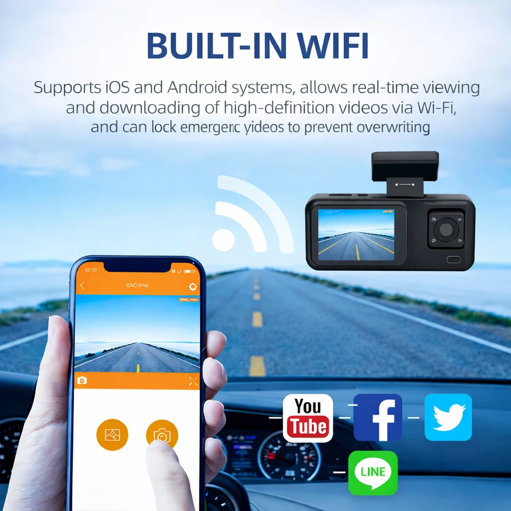 3 Channel Dash Cam Front Rear Inside 1080P WiFi Car DVR Night Vision 24H Parking Monitor IPS Screen G-Sensor Loop Recording APP