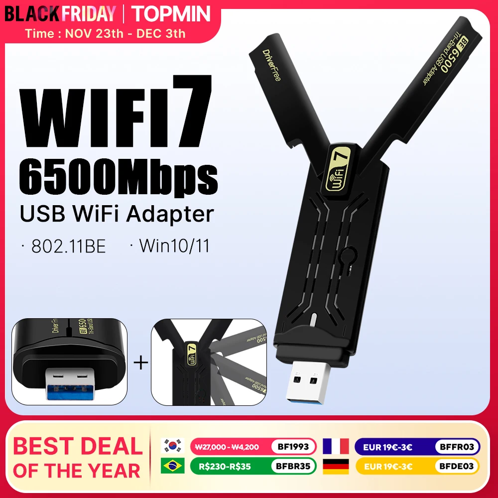 Fenvi WiFi 7 USB WiFi-карта 6500 Мбит/с USB3.0 802.11BE WiFi-ключ 2,4G/5G/6GHz WiFi 6E Сетевая карта для Win 10/11 Driver Free