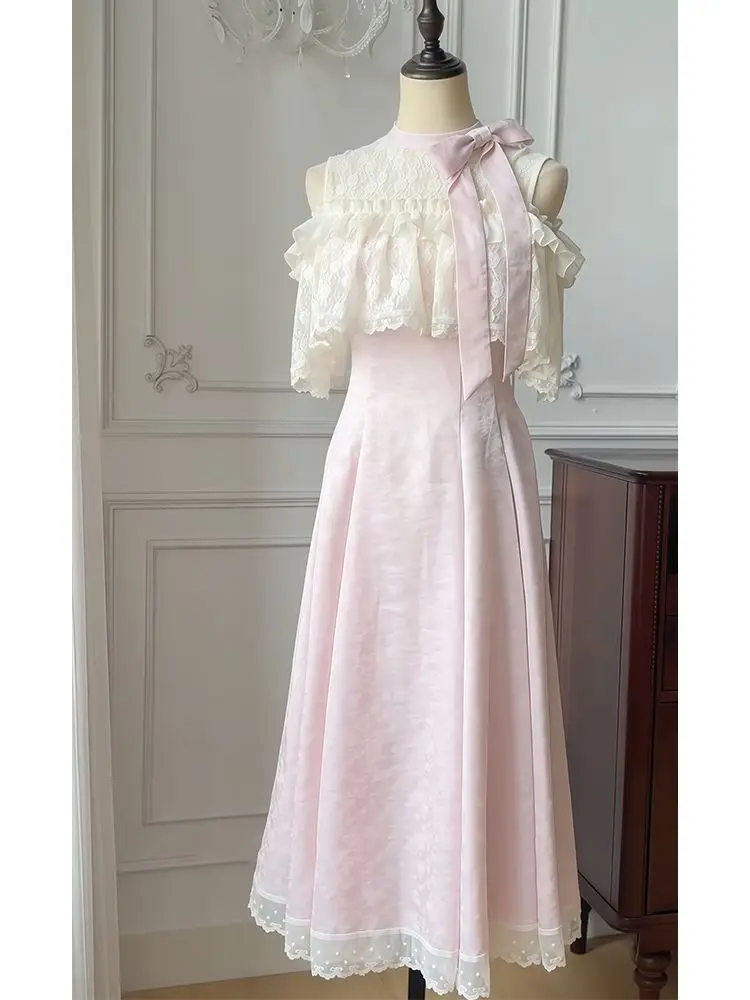 

Gagarich 2026 New Lace Sweet Design Cloak Dress Temperament Summer New Bow Short Sleeved Waist Slimming Long Women