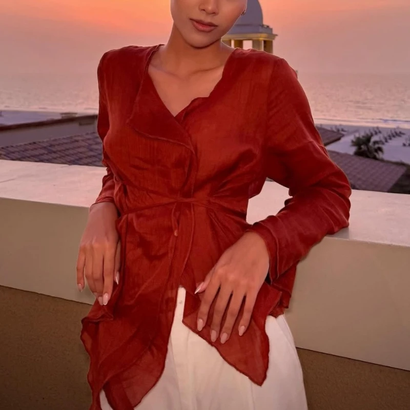 

Tsiisd Casual V Neck Slim T-Shirt Top Women Tapered Waist Lace-Up Irregular Commuting Solid Long Sleeves Y2k Top 2026 Female