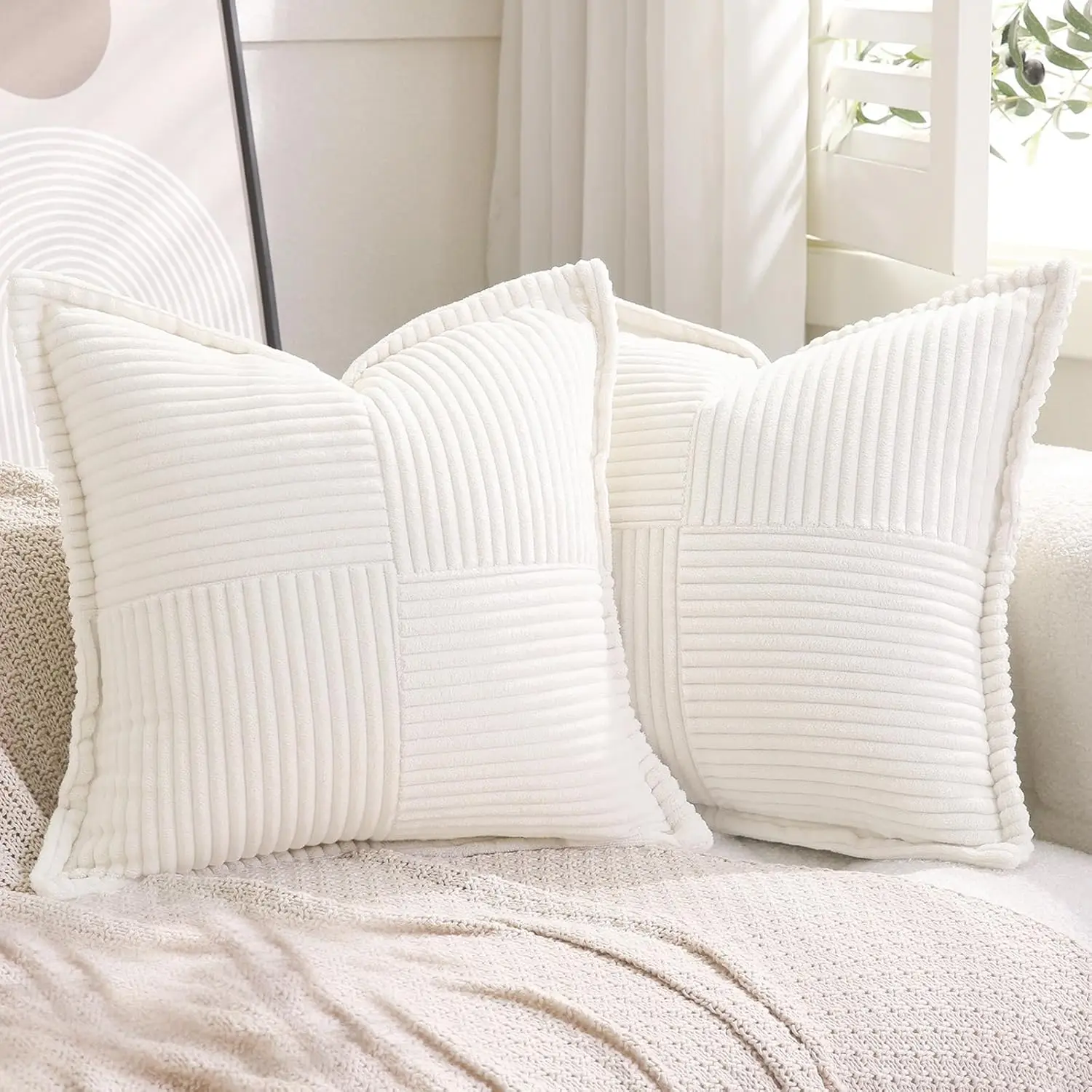 

Corduroy Throw Pillow Covers Set Of 2 Boho Decorative Cream White 24×24 H,Super Soft Pillowcase Cozy Striped Texture Cushion
