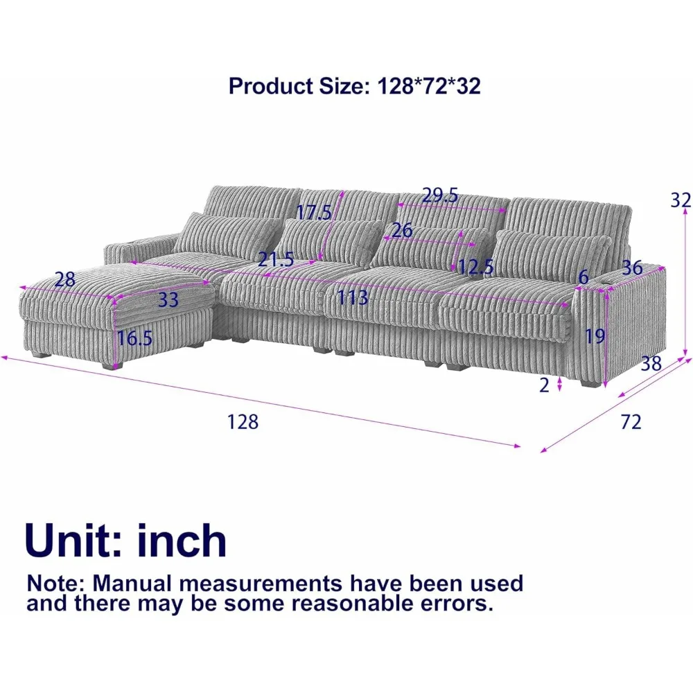 Oversized Corduroy Upholstered Sectional Sofa With Cup Holders, USB and Type-C Ports, L-Shaped Corner Convertible Cushions Couch