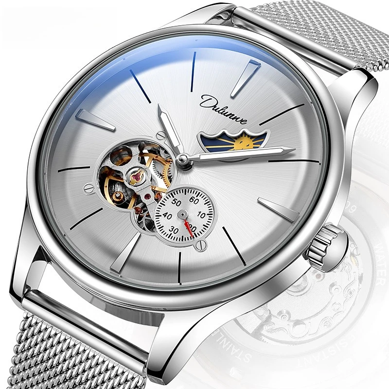 Stainless Steel Minimalist Baton Moonphase Skeleton Tourbillon Luminous Waterproof Self-Wind Automatic Watch for Men