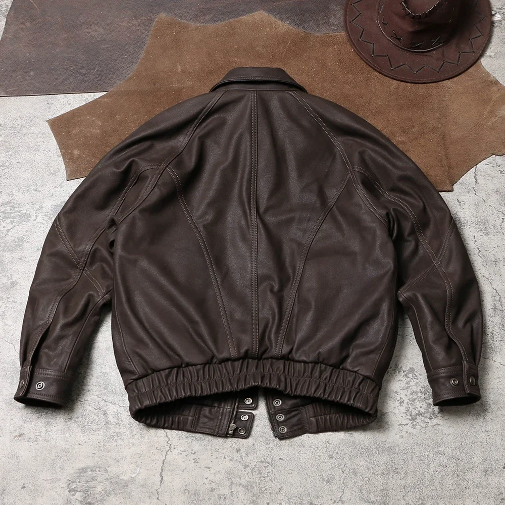 Tailor Brando Heavyweight Uncoated Brushed Cowhide Men's Loose Fit Vintage 90'S Classic Leather Jacket